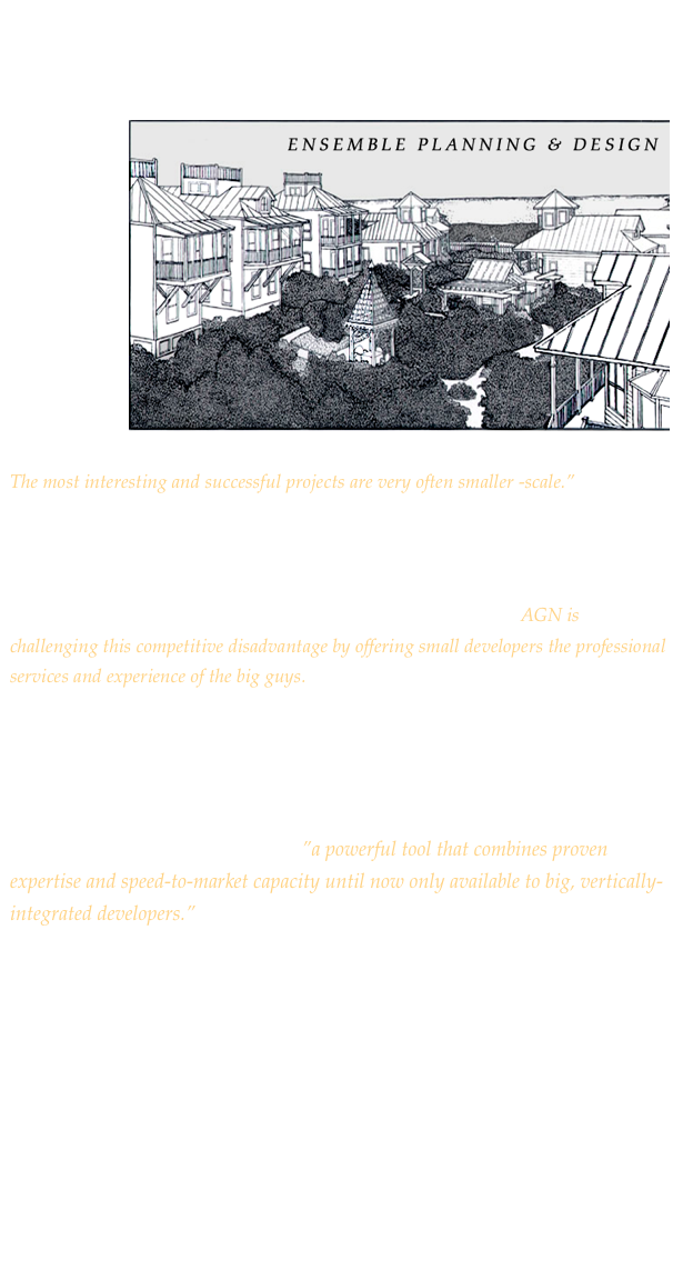 AGN’s team consists of highly experienced architects, town planners, designers,
engineers, renderers, and specialized consultants.

“Our team-members, over the last quarter century, have, individually, consulted on ￼leading developments throughout the United States, Mexico and the Caribbean,” says AGN’s co-founder, Melanie Taylor. “We share an observation, however, that  
The most interesting and successful projects are very often smaller -scale.”
                                                                                                 
“Small developers require the same services--but 
in smaller increments--as big developers.
Big developers, however, can employ or quickly 
assemble their teams while the small developer, historically, cannot.  AGN is challenging this competitive disadvantage by offering small developers the professional services and experience of the big guys.
                              

Garnett, AGN’s other co-founder, continues,  “AGN's professionals understand the  unique goals
and specific challenges of the small developer. AGN leverages its clients’ time so that they may focus on their core competencies.” 

Garnett says that AGN offers its clients ”a powerful tool that combines proven expertise and speed-to-market capacity until now only available to big, vertically-integrated developers.” 

